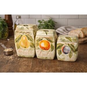 Tabletops Unlimited 1990s 3 Mixed Fruits Hand-Painted Canisters, ONE MISSING